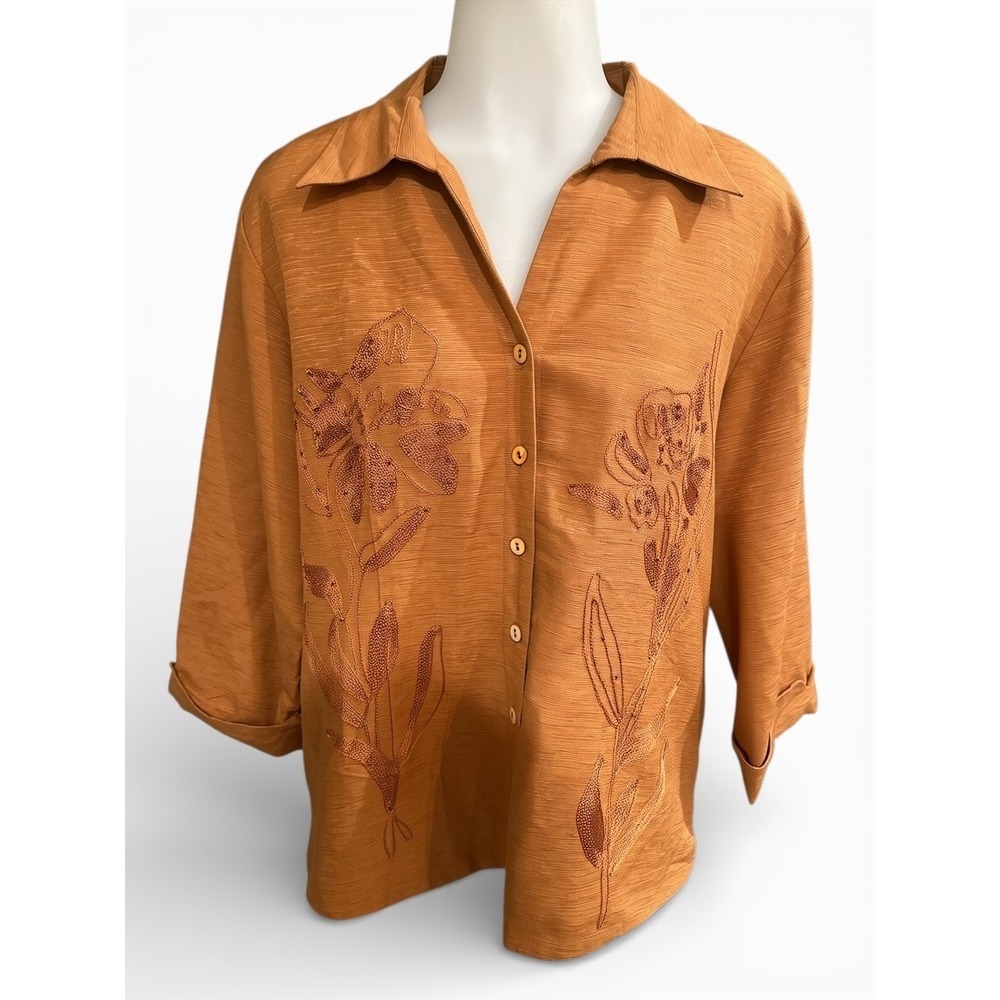 Vintage 100% Silk Embroidered Botanical Blouse Copper Burnt Orange Y2K Art Top L